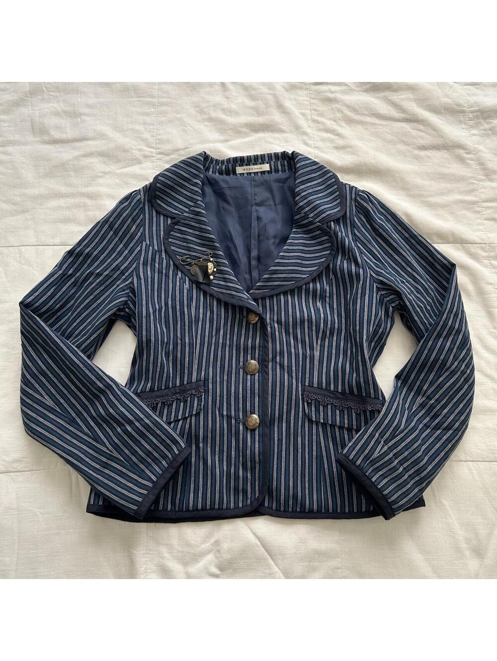 Axes Femme Navy Striped Blazer Lace Trim Gold Buttons Medium Japan